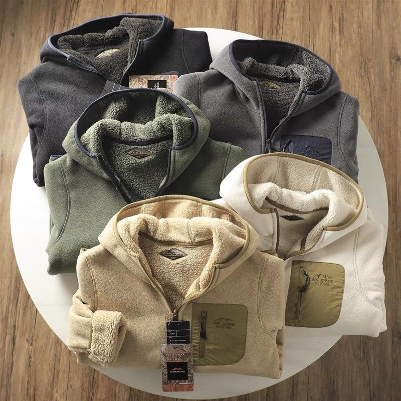 出口订单!蓄热摇粒绒秋冬男女情侣休闲加绒加厚保暖连帽夹克外套