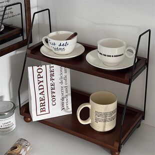 复古桌面实木置物架桌面收纳架多功能双层杯架厨房调料罐收纳架子