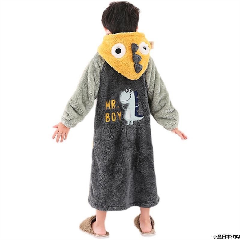 极速日本bDB儿童睡衣秋冬浴袍珊瑚绒加长到脚踝加厚恐龙男童女童