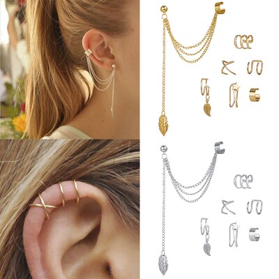 极速7pcs Fashion Gold Star Leaves DNon-Piercing Ear Clip Ear