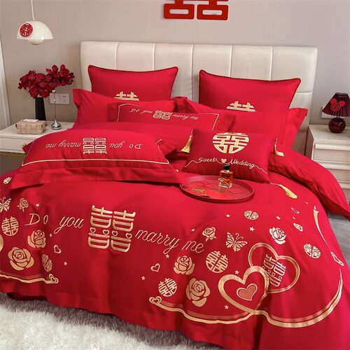 新品结婚四件套纯棉100全棉牀单婚庆全棉M大红色喜被新婚喜庆牀上