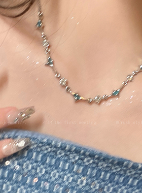 极速双层蓝色四芒星锆石项链女夏季ins小众设计感配W饰时尚气质锁