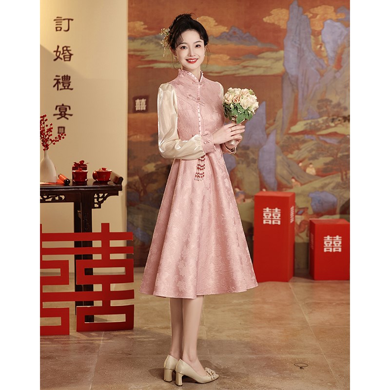 粉色旗袍敬酒服新娘订婚礼服新中A式小个子回门便装出阁宴大码胖m