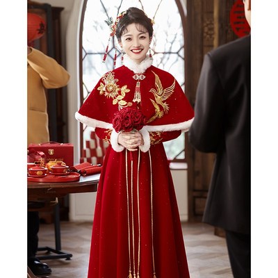 新中式红色披肩j秀禾旗袍敬酒服新娘加绒小个子订婚服回门裙秋冬