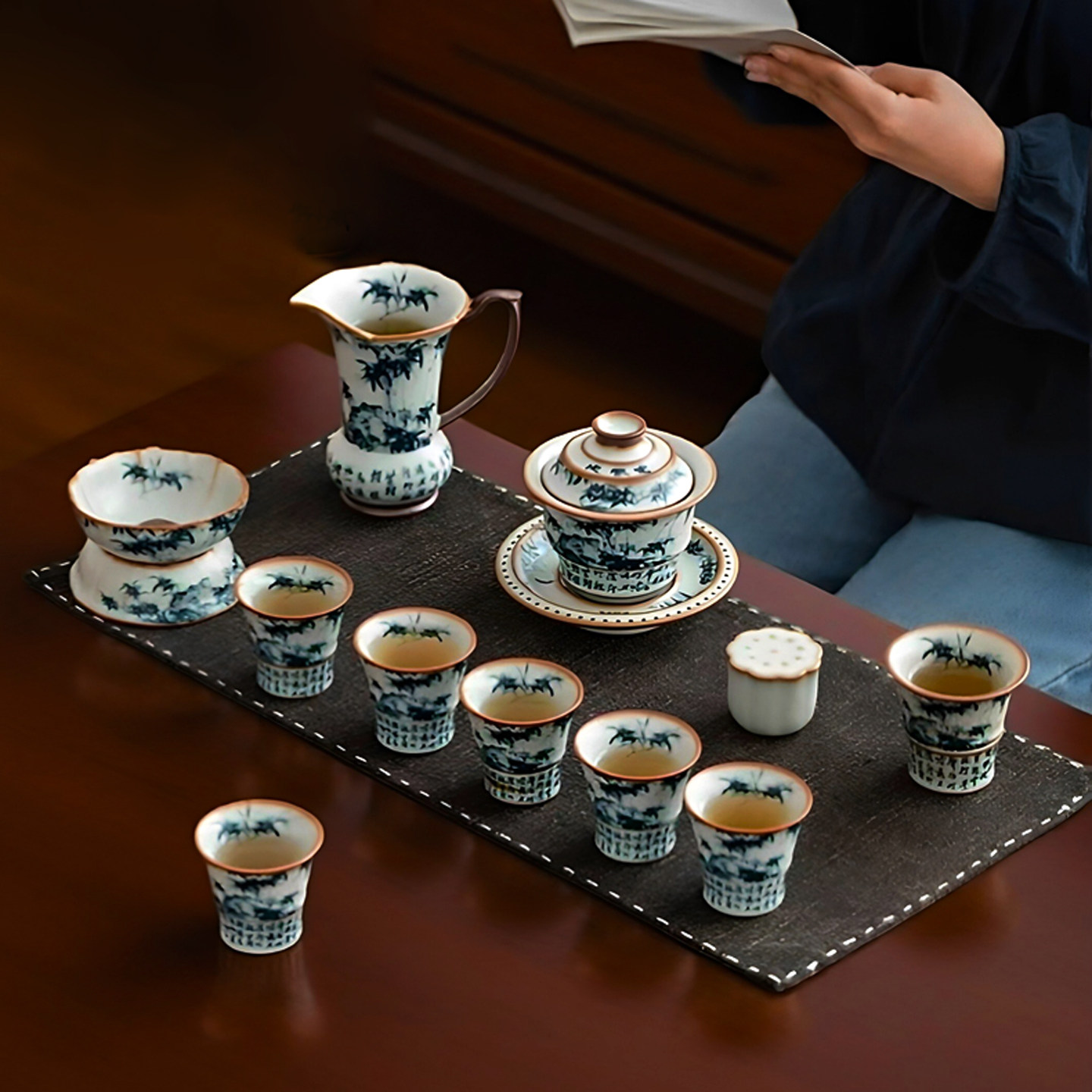 复古汝窑茶具套组釉中青花瓷墨竹图案盖碗茶杯整套家用礼盒装送礼