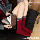 安哥拉红潮流min前字母女袜欧货洋气中筒潮袜高级感网红袜拼色