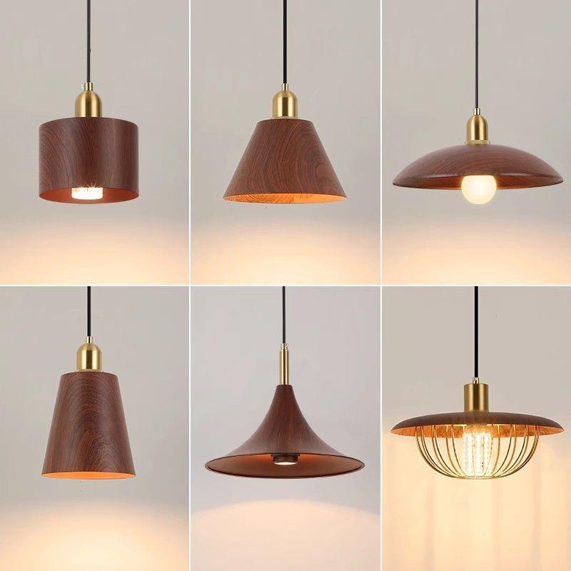 简约吊灯日式胡桃木纹餐厅饭店小吊灯复古吧台卧长线吊灯