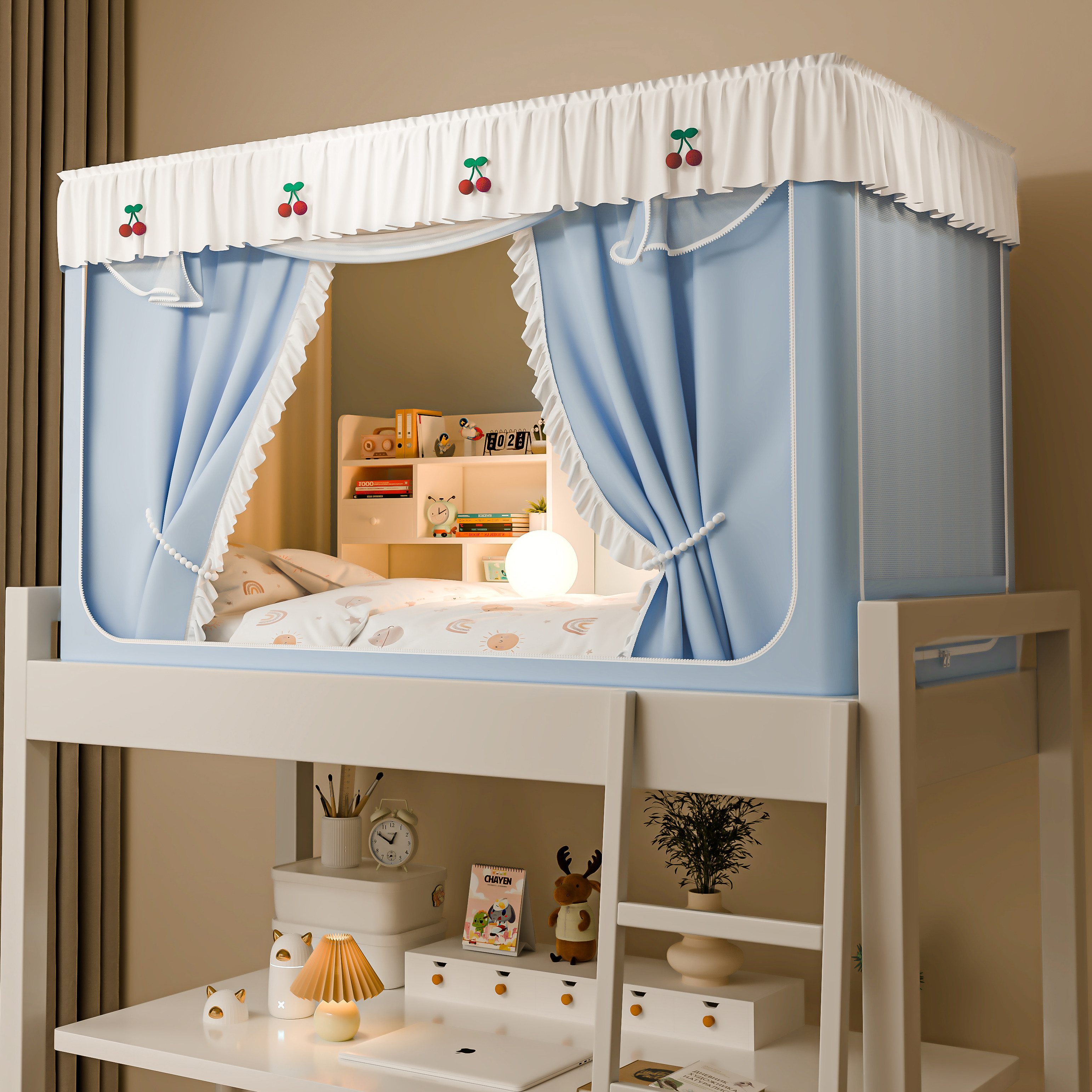 学生宿舍上下铺蚊帐通用拉链花边款拉链方帐带支架防蚊0.9米单人