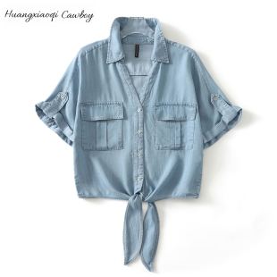 Cowboy新款 休闲小衫 莱赛尔v领蝴蝶结短袖 女时尚 衬衫 Huangxiaoqi