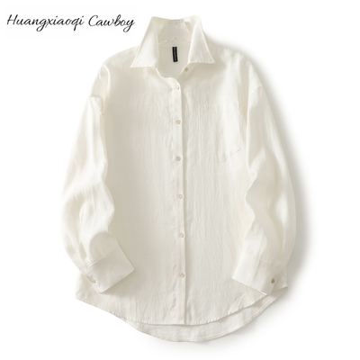 Huangxiaoqi Cowboy新款亚麻薄款防晒宽松衬衫女清新舒适透气开衫