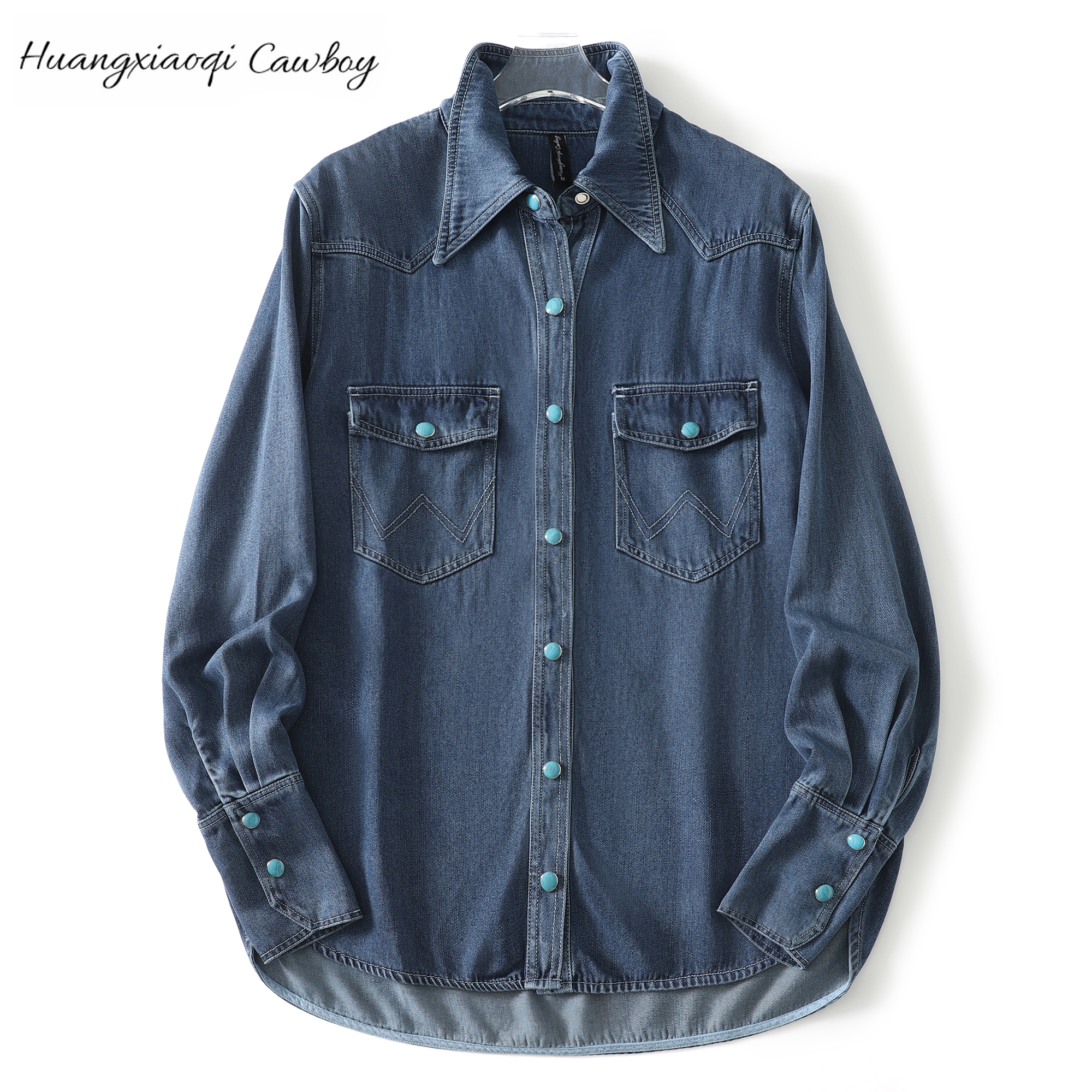 Huangxiaoqi Cowboy新款中长款蚕丝牛仔衬衫女休闲宽松百搭叠穿
