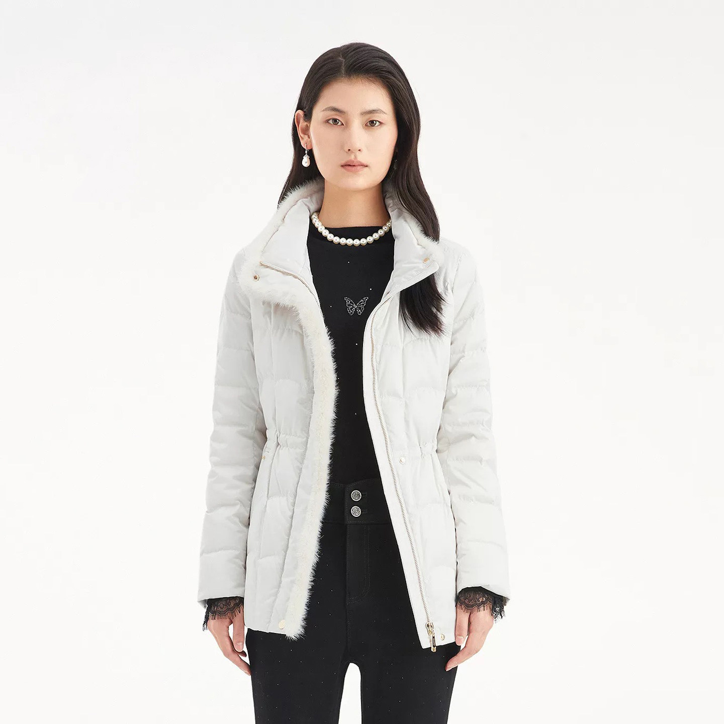 时尚收腰立领水貂毛边羽绒服外套