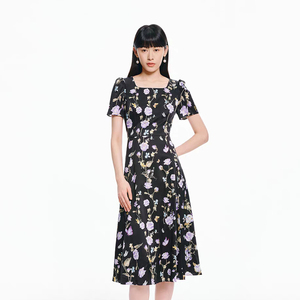 珂莱商场同款2026夏季新款女装优雅法式桑蚕丝碎花印花短袖连衣裙