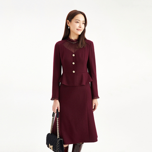 珂莱商场同款2025秋冬季新款女装气质通勤收腰假两件羊毛呢连衣裙