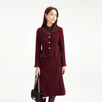 气质通勤收腰假两件羊毛呢连衣裙
