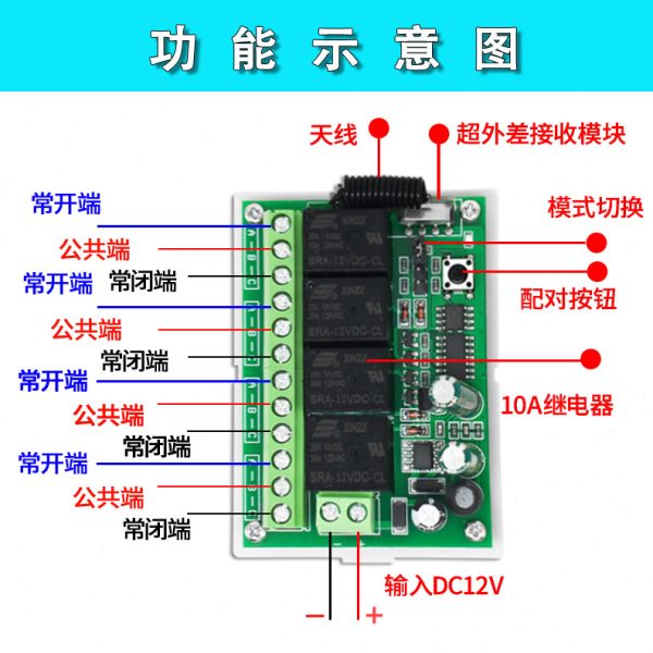 12~24V四路宽电压遥控开关 灯具水泵4路控制推杆道闸伸缩门