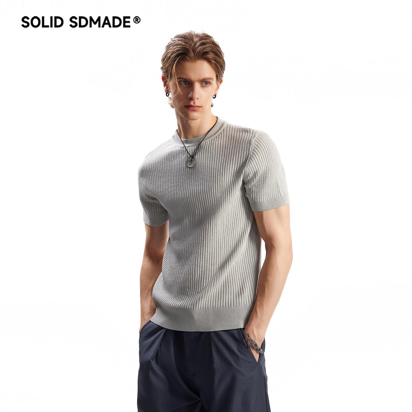 SOLID SDMADE 美式休闲亚麻正肩针织短袖T恤男潮夏季透气短款上衣