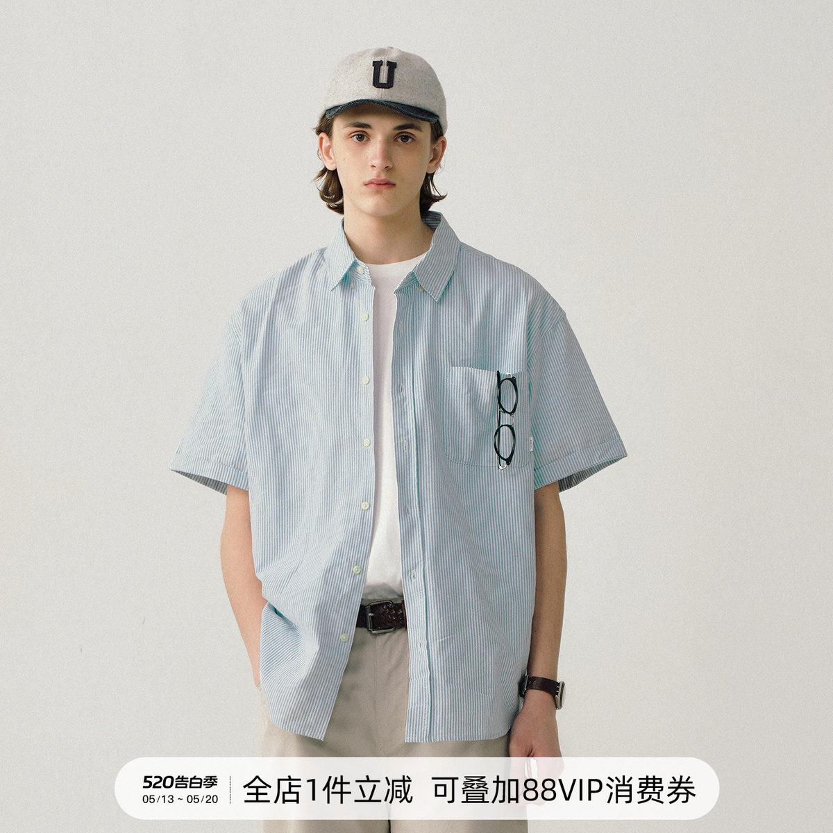 714street复古牛津纺条纹衬衫男cheanfit夏季短袖衬衣潮牌外套女