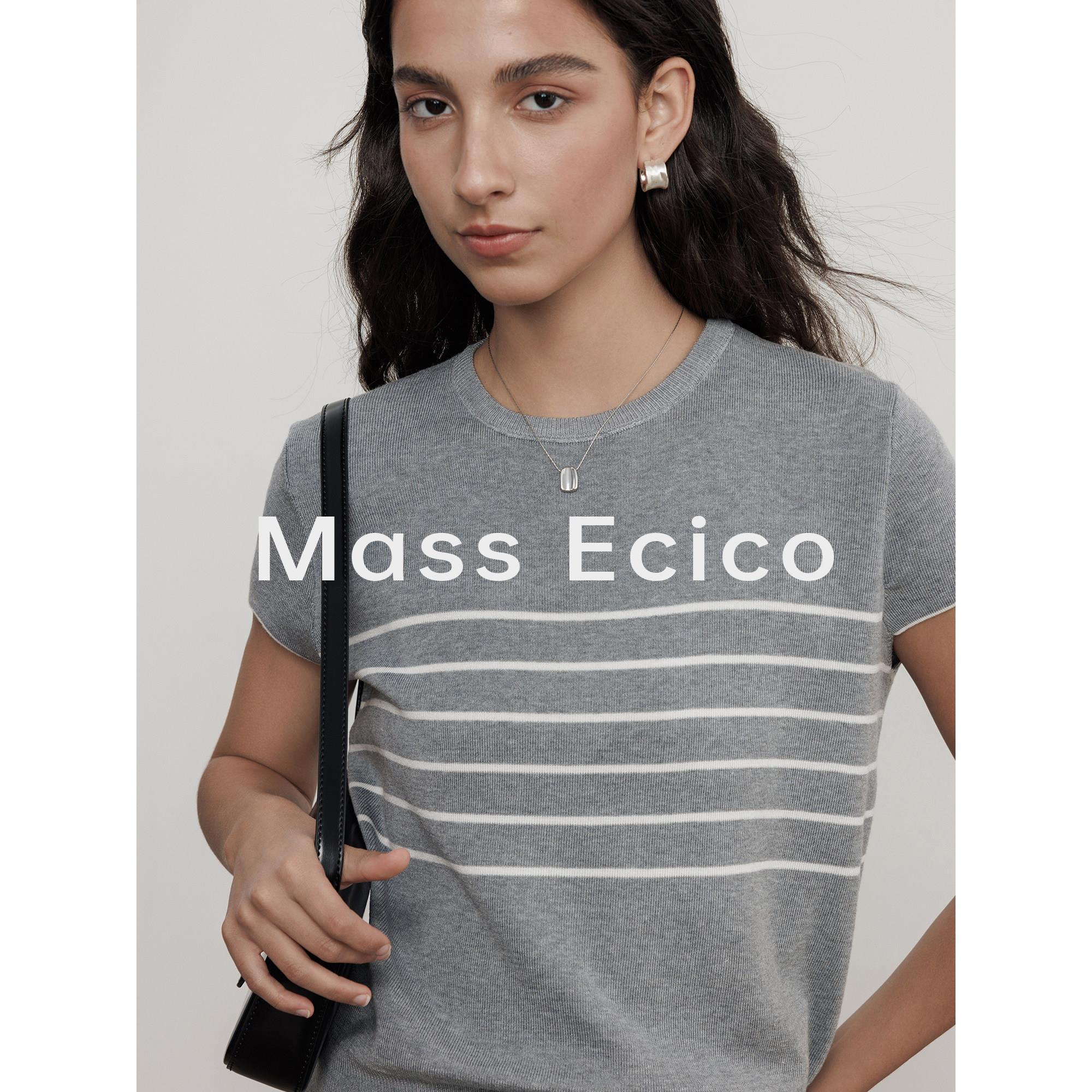 Mass Ecico灰白条纹圆领短袖针织衫女夏季老钱风通勤宽松T恤上衣
