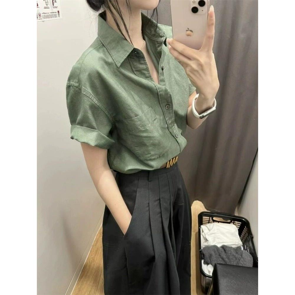 绿色棉麻正肩短袖衬衫女夏薄款大码胖MM高级感亚麻衬衣polo领上衣