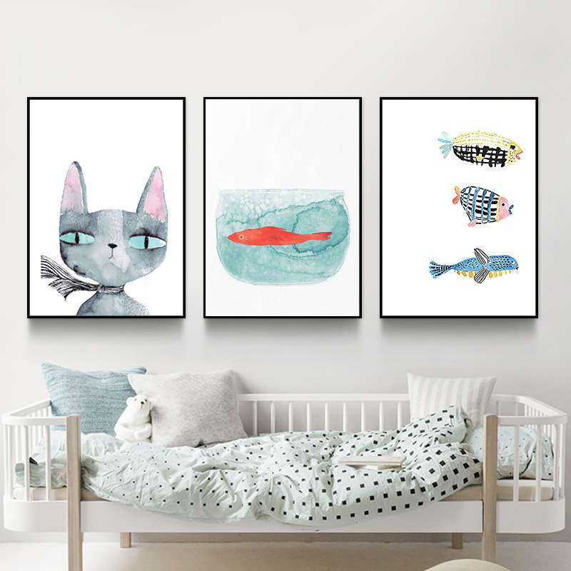 猫和鱼北欧简约挂画儿童房卧室幼儿园壁画客厅背景沙发走廊装饰画图片