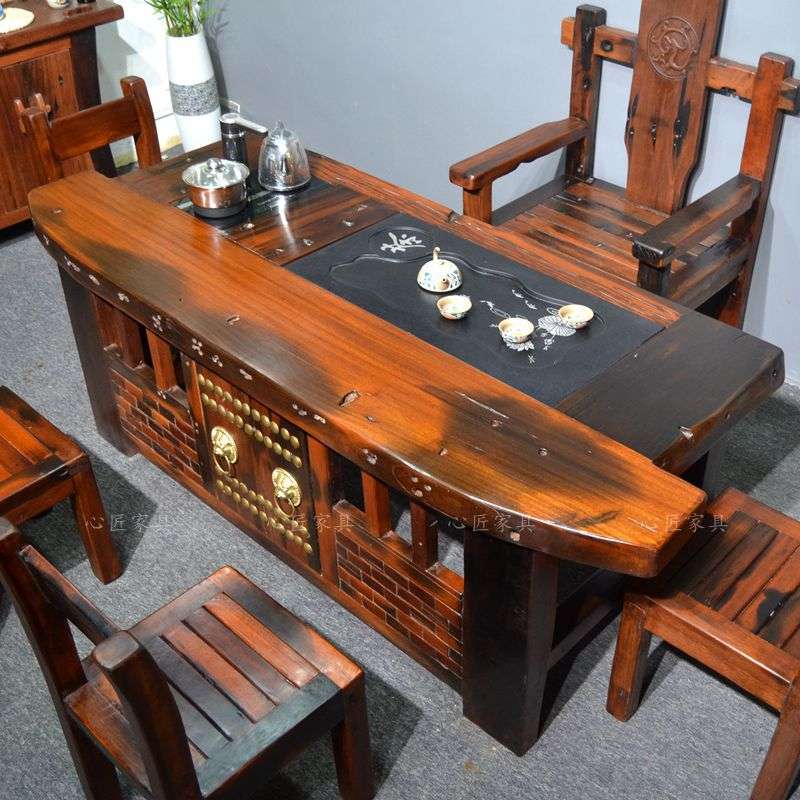 老船木茶桌椅组合狮子头大门茶台全实木茶几客厅店面办公室茶艺桌