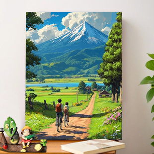 蔚蓝天空数字油画diy填充填色手工绘绿色风景丙烯油彩画装 饰挂画