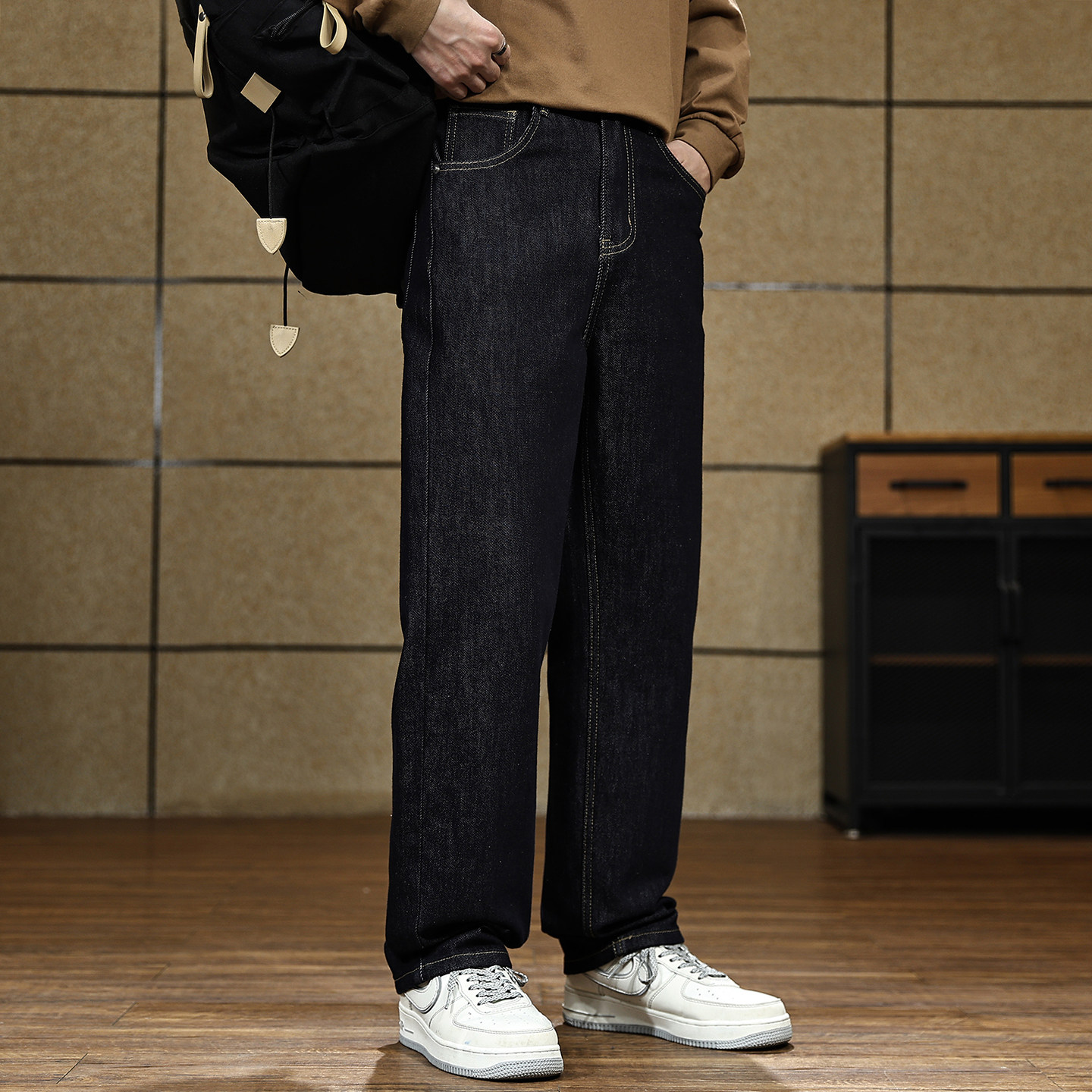 美式潮牌复古加绒水洗牛仔裤男士秋冬新款保暖宽松弹力直筒休闲裤