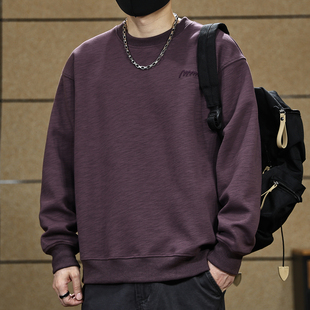 美式重磅圆领卫衣男款2026新款春秋加绒潮流宽松大码紫色上衣服男