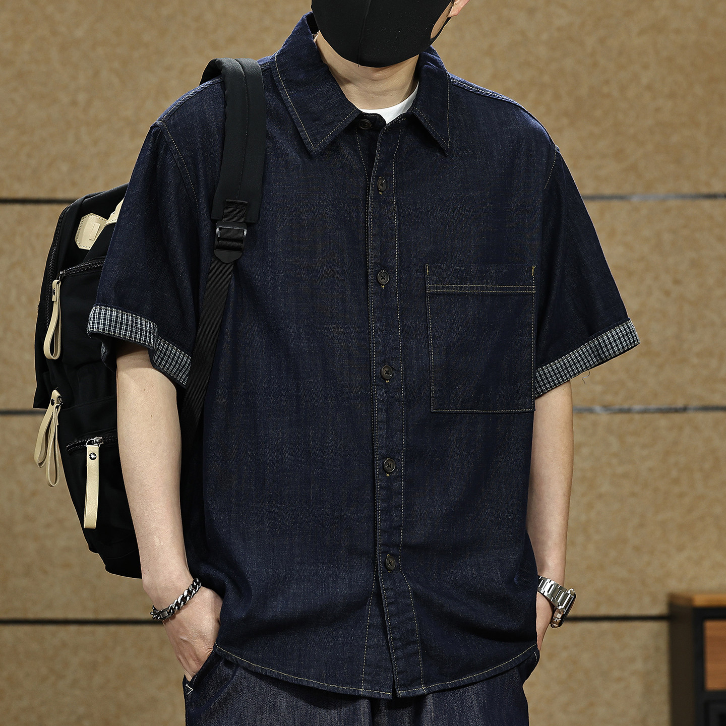 美式潮牌格子拼接棉麻牛仔短袖衬衫男士夏季新款宽松休闲半袖衬衣
