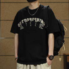 美式复古纯棉t恤夏季刺绣短袖男款2025新款宽松潮牌贴布印花上衣