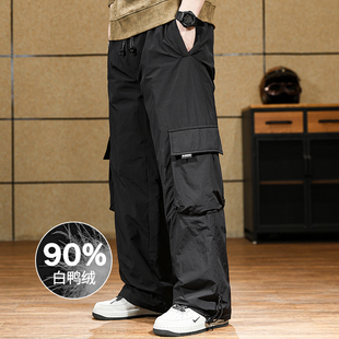 男宽松潮牌大码 美式 伞兵裤 冬季 保暖直筒裤 羽绒裤 男士 子 白鸭绒工装