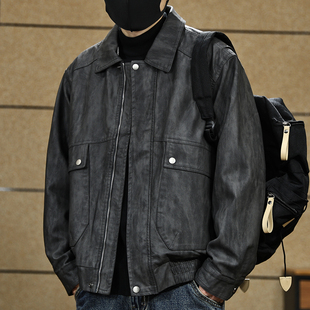 新款 皮夹克冬季 宽松加绒加厚美拉德皮衣外套潮 复古翻领PU男士 美式