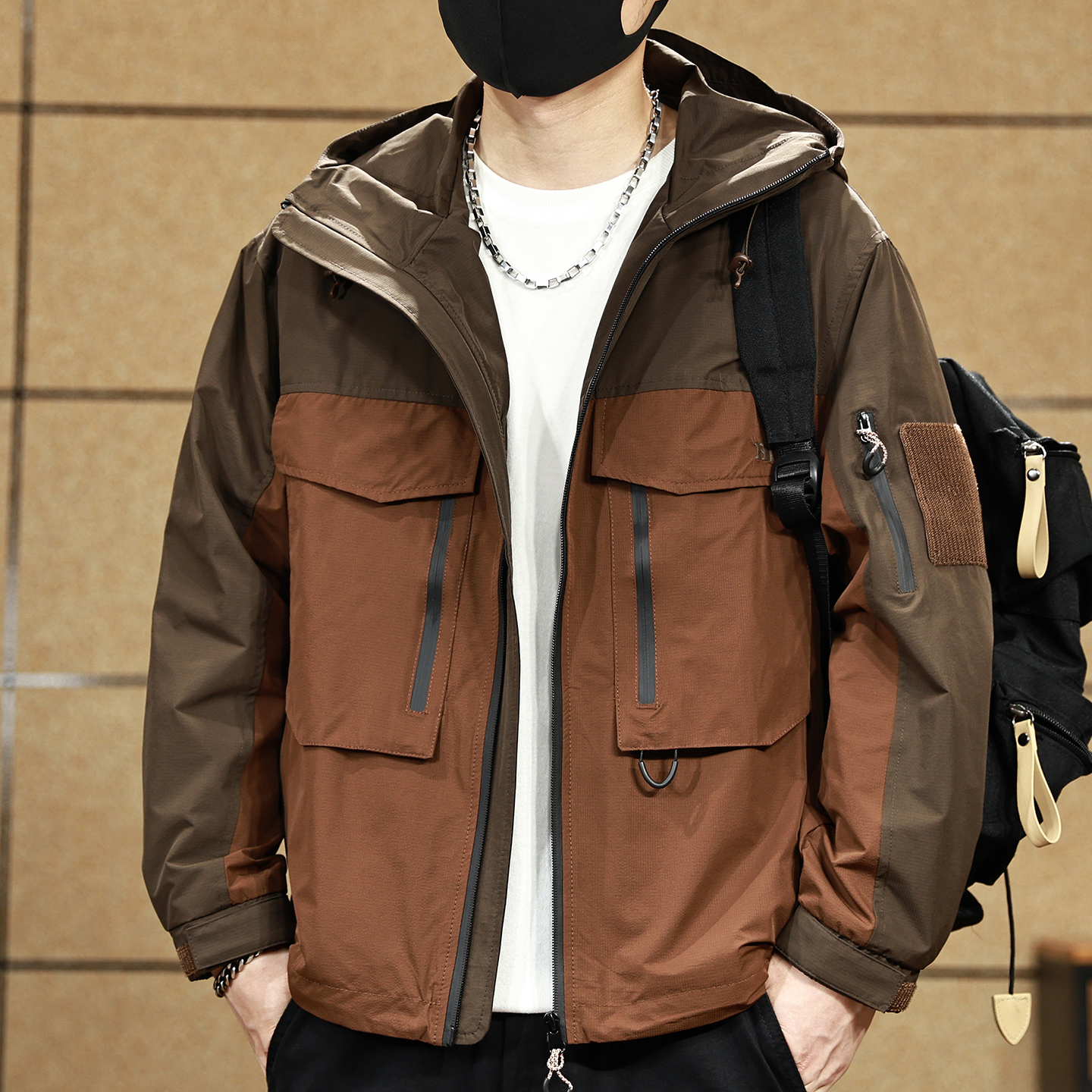 美式复古防水冲锋上衣外套男士2025秋季新款户外工装夹克保暖棉服