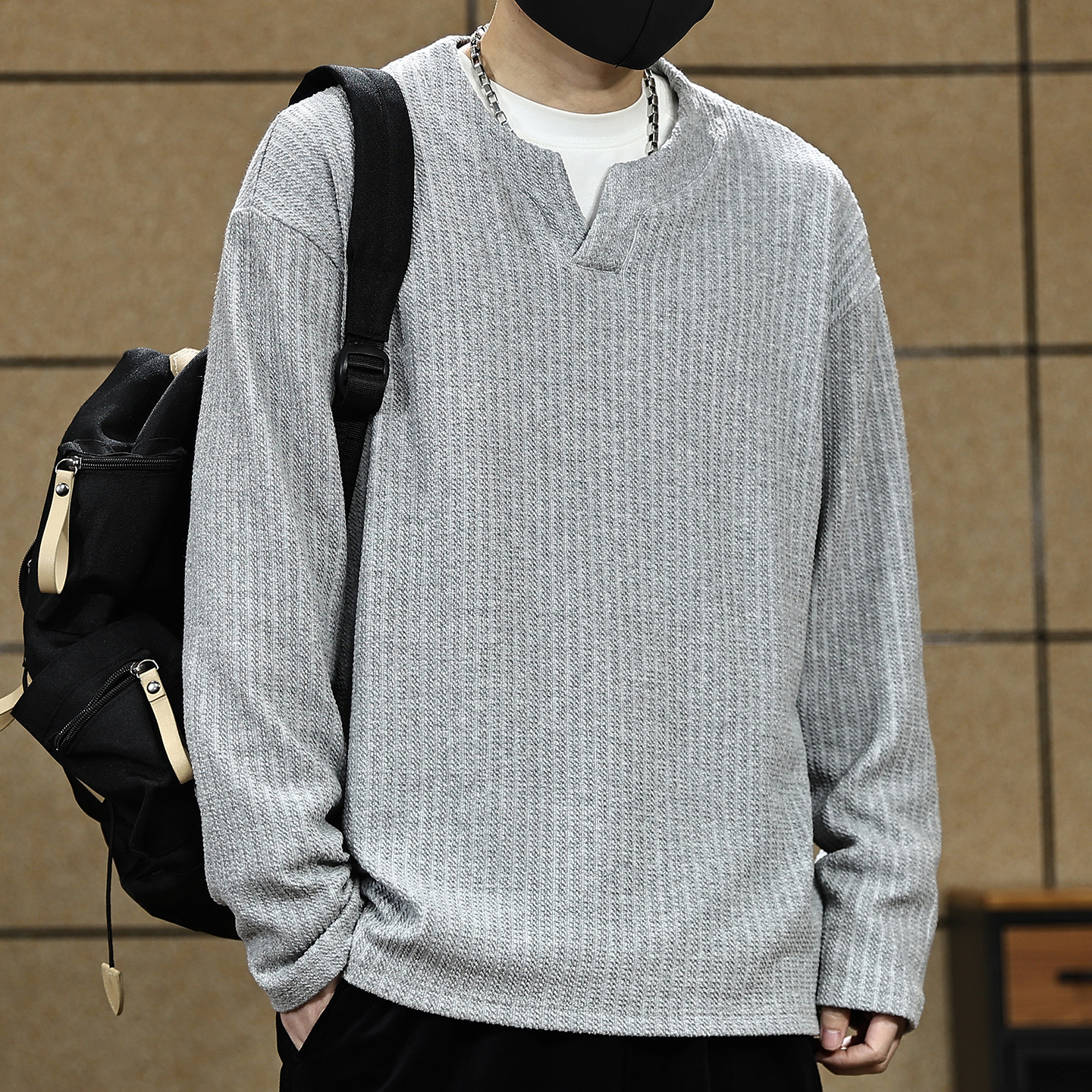 【美式针织3D提花条纹长袖T恤】