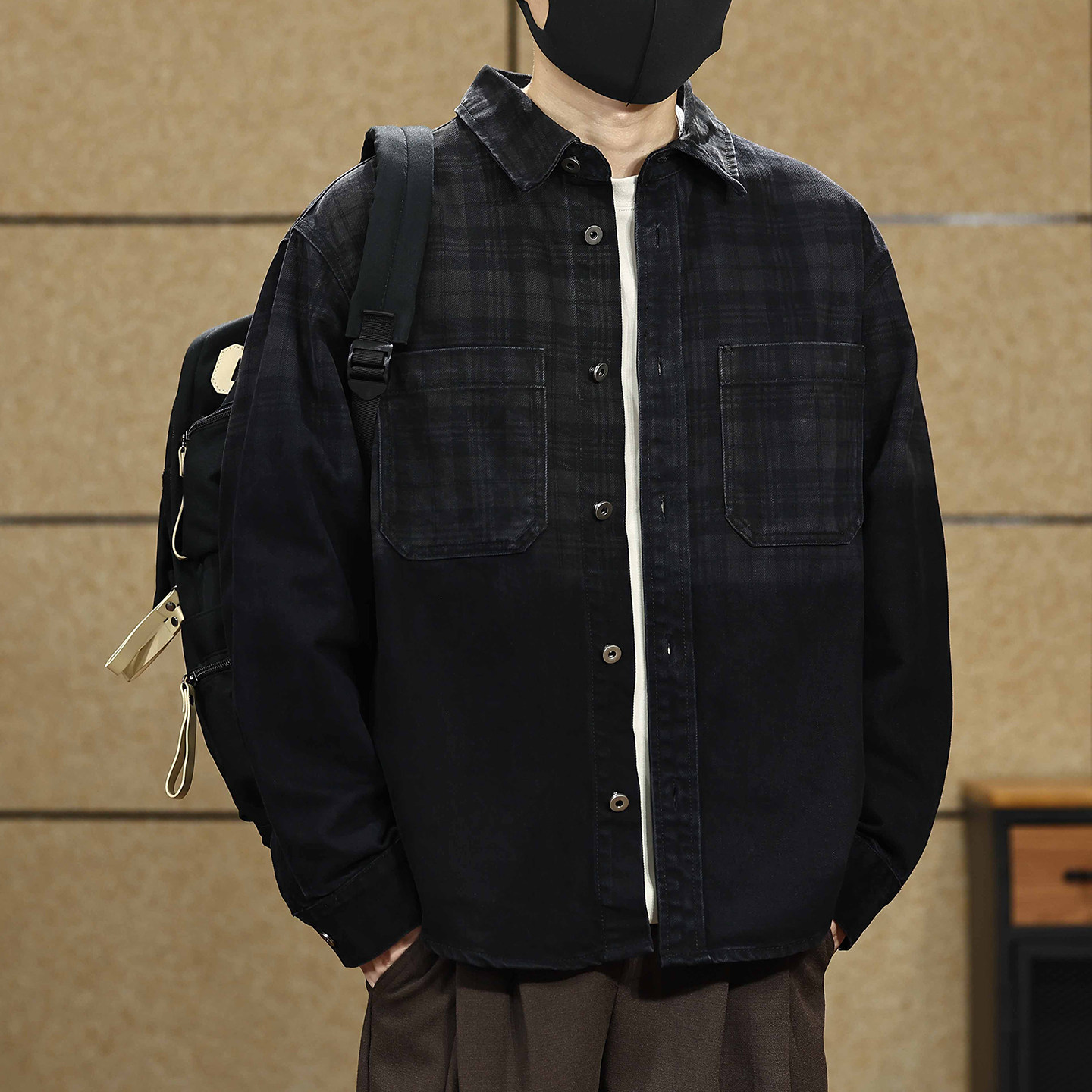 美式复古水洗渐变格纹长袖衬衫男士2026秋季新款潮牌做旧衬衣外套