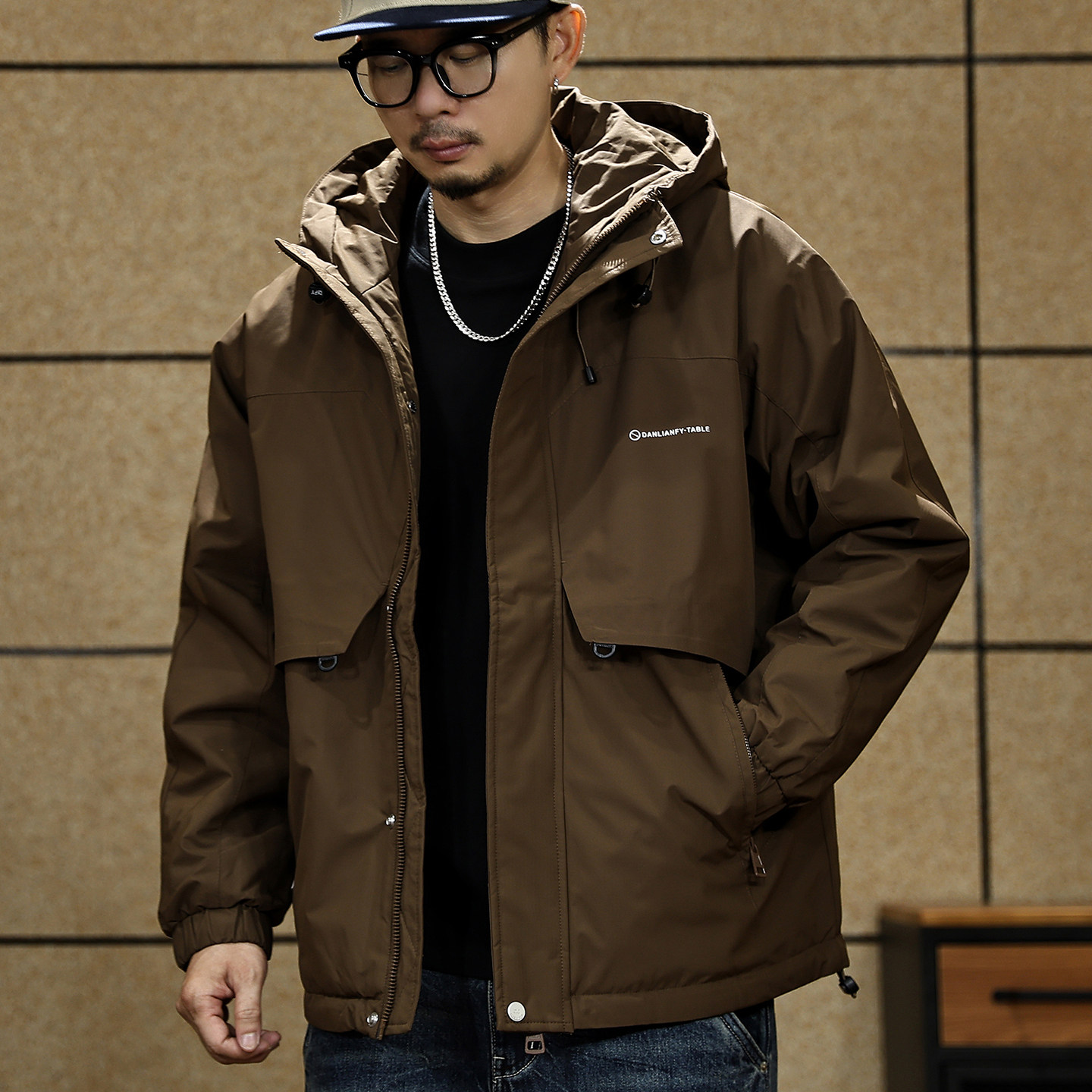 美式复古连帽冲锋棉衣男春秋季新款城市户外通勤机能大码工装夹克