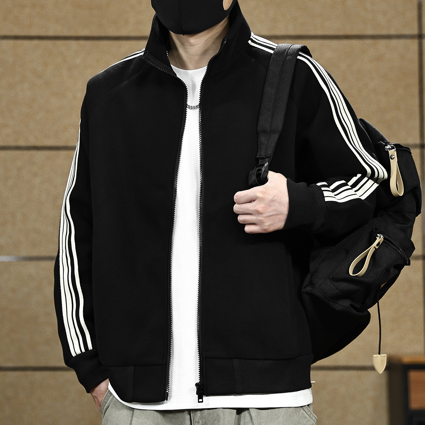 高端美式开衫加绒卫衣外套男重磅潮牌宽松立领春秋新款运动夹克男