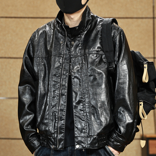 美式复古pu皮衣外套男秋季潮牌宽松硬汉痞帅机车工装夹克男春秋款