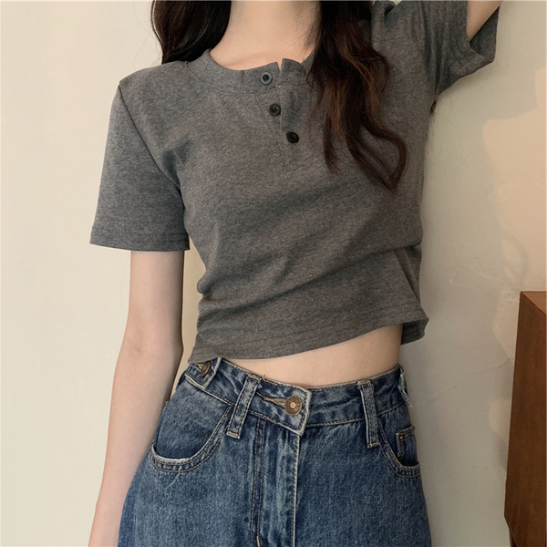 【商场同款】6535棉夏季超火设计感小众纽扣短袖T恤女短款高腰修