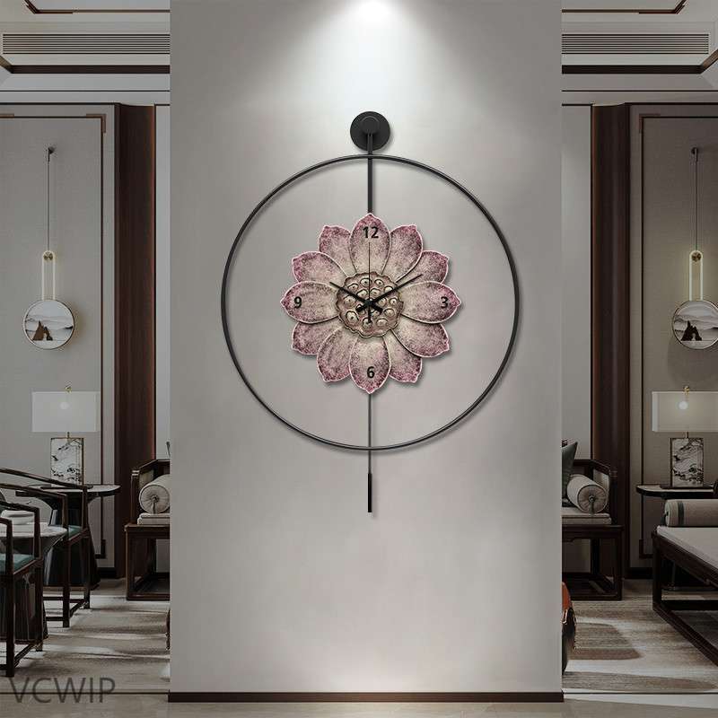 l1s新中式餐厅挂钟装饰画高挡荷花玄关挂画创意客厅挂墙静音时钟图片