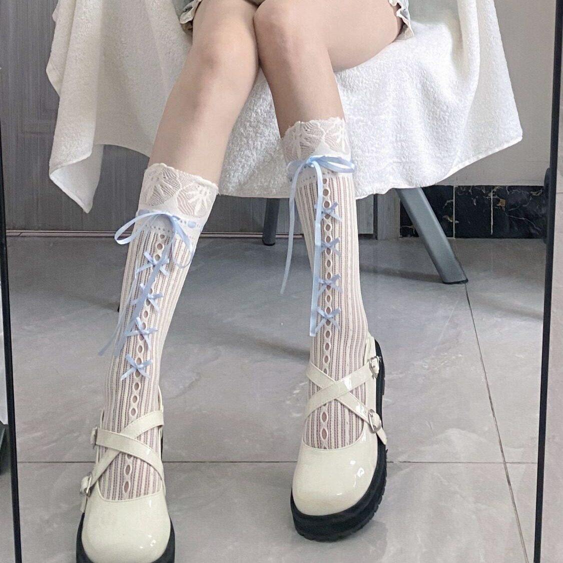 春夏季洛丽塔甜美白色蓝绑带蝴蝶结中筒袜蕾丝镂空薄款jk小腿袜子