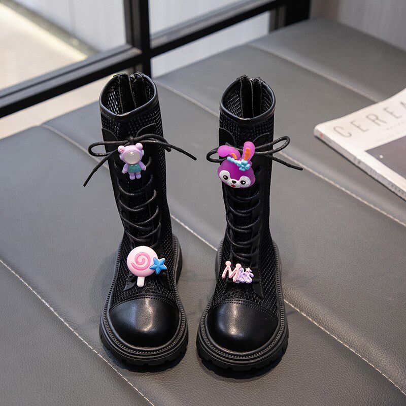 新品女童高d筒靴网靴春秋夏季真皮新款儿童公主鞋拉链鞋马丁靴学