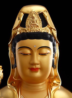 极速台湾纯铜鎏金观m音佛像 供奉 家用 观世音菩萨铜像娑婆三圣摆