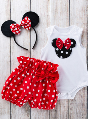 极速童装c女宝宝卡通爱心白色无袖哈衣圆点短裤套装 婴儿