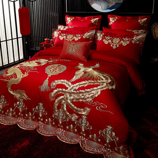 极速100支全棉新婚庆四件套大红色A龙凤刺绣纯棉1.8.2米婚床喜被