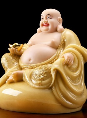 极速宝成佛具石雕汉白玉黄玉镶x金大肚弥勒佛像 供奉 家用笑佛摆