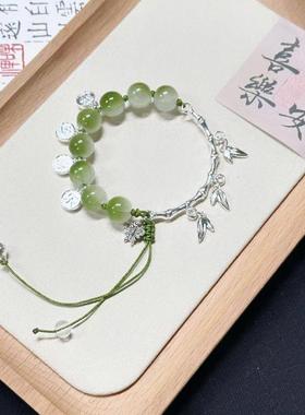 2024新款新中式古风绿色竹节半镯铃铛串珠手链小众清冷感手串手饰