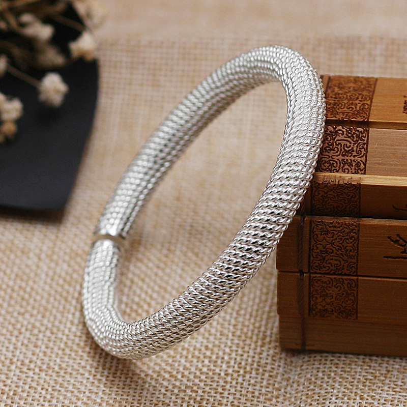 传承S999细芙蓉桂花镯麻花编织绞丝女开口复古银手镯男情侣款