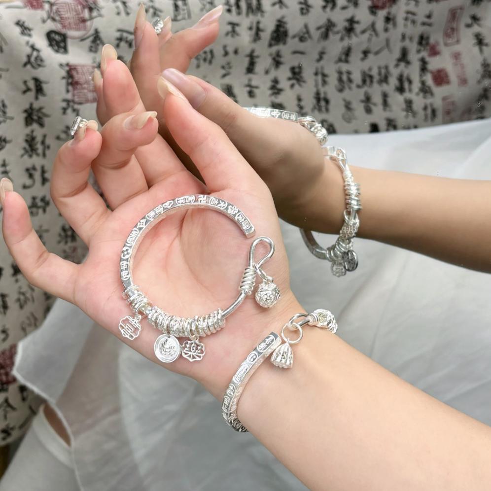 999纯银手镯女实心足银镯子年轻款筷子镯吉言万贯盘缠纯手工原创